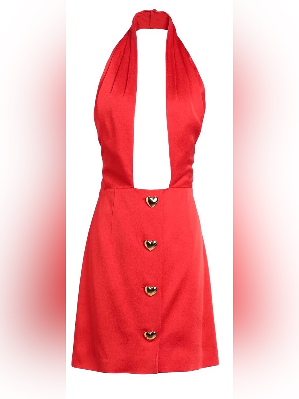 Moschino Couture! Red Satin Halter Dress Gold Heart Buttons US 8
